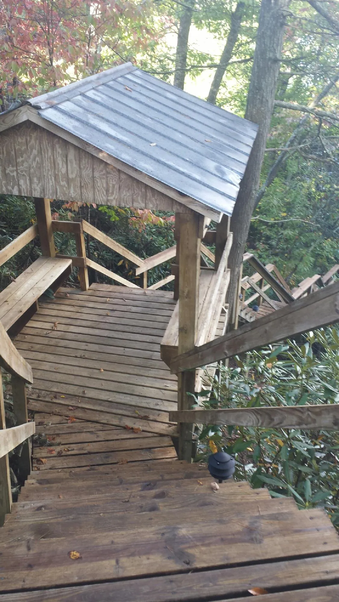 Metal roofed shelter over wooden steps on a wooded walkway — Skylight Repair & Installation work by our crew in Angels Camp